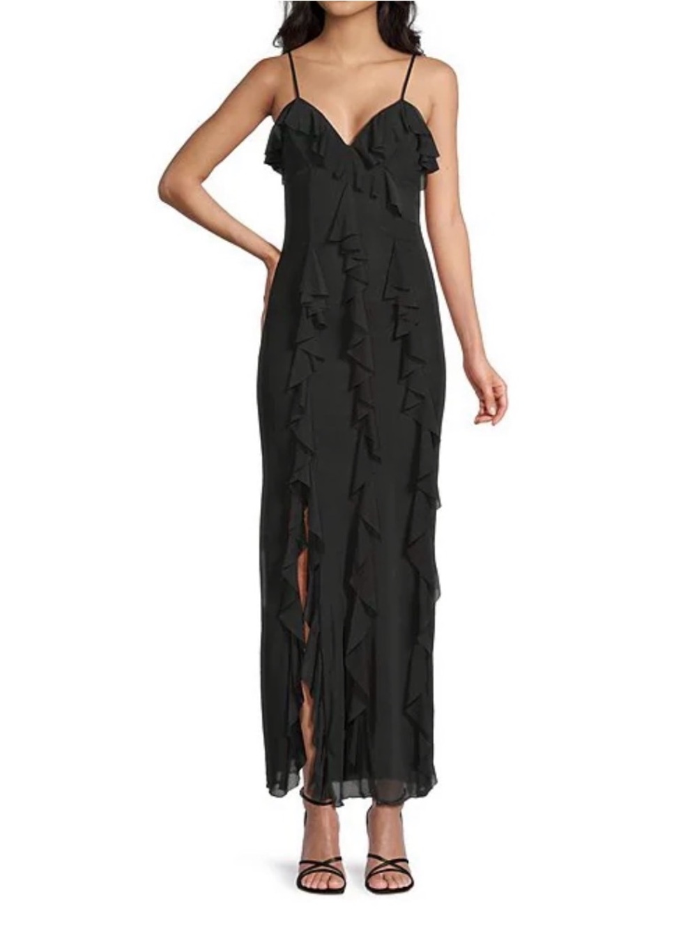 Ruffle-Trim Black Spaghetti Strap Maxi Dress